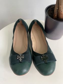 Women Size 9.5 Tory Burch Sedgwick Green Leather Flat Ballet Shoes