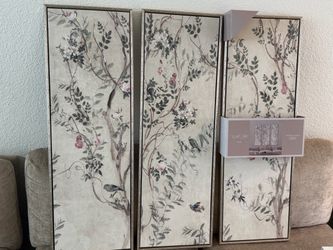3-Piece Botanical & Bird Framed Canvas Wall Art Set (12"x36" each) – Elegant Neutral Home Decor