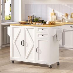 White Rolling Kitchen Island Cart with Storage
