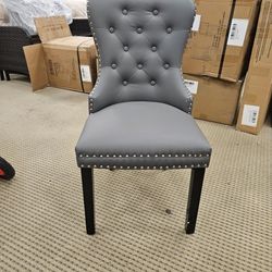 Set of 2 Grey Tufted Dining Chairs with Nailhead Trim Ring Pull Back Accent Chairs Faux Leather