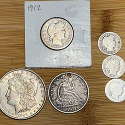 LOT OF 6 90% SILVER COINS! 1888 MORGAN 1877 SEATED HALF BARBER QUARTER DIMES 