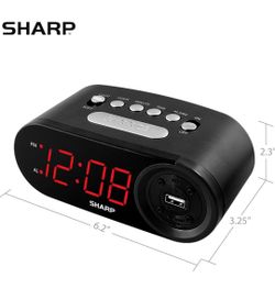 SHARP Digital Alarm Clock, 2 AMP USB FAST Charge Port, Black and Gunmetal with Red LED Display