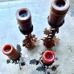 Set of 4 Decorative Metal Candle Holders with Candles – Fall/Autumn Leaf Design