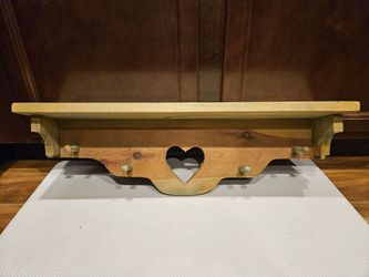 Vintage 26 Inch Wooden Wall Heart Shelf with Hanging Pegs