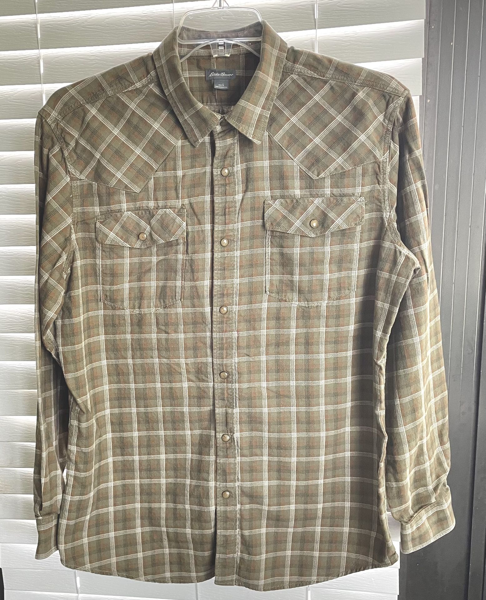 **VINTAGE** EDDIE BAUER Snap Up Flannel Shirt - LRG - 100% Cotton - Green Plaid