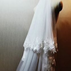 Two-layers Floral Long Lace Wedding Bridal Veil With Comb 4 Meters Cathedral Length