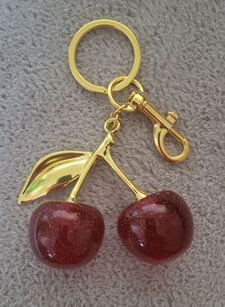 Gold and red glitter cherry bag charm, keychain. New.