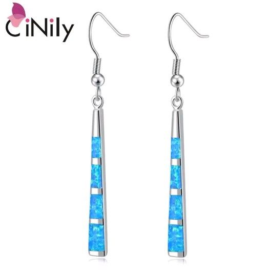 Blue Fire Opal Silver Plated Long Dangle Drop Earrings