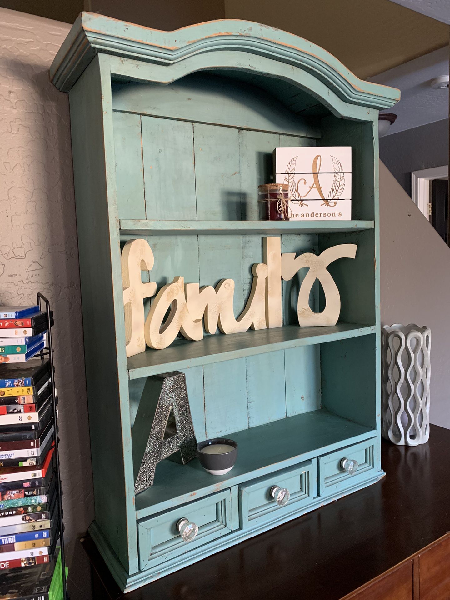 Farm style distressed book shelf with 3 small drawers