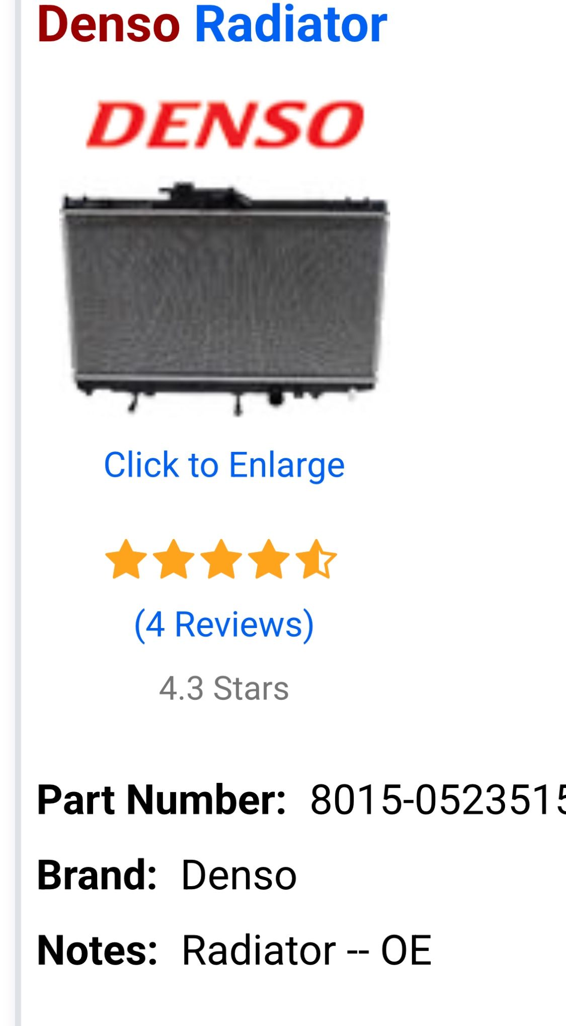 2001 Toyota Corolla Denso Radiator 