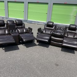 FREE DELIVERY - LEATHER POWER RECLINING SOFA & LOVE SEAT W/ ADJUSTABLE HEADRESTS, ARM CHEST & USB