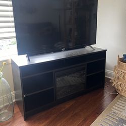 TV Console with Electric Fireplace Insert and 6 Shelves, Black Oak  