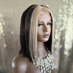 12" dark brown bob wig with a light blonde face-framing highlight 13x4 Lace front.