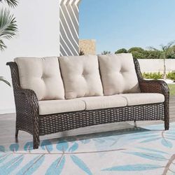 Outdoor Couch Wicker Patio Sofa - 3-Seater Rattan Patio Furniture Conversation Sofas with Deep Seating and Comfortable Cushions for Porch Deck Balcony