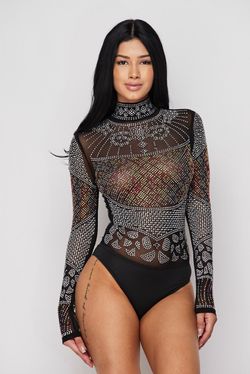Long sleeves rhinestone bodysuit