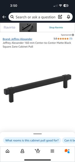 Jeffrey Alexander 160 MM/ 7 3/4”  Matte Black square Zane cabinet pull 