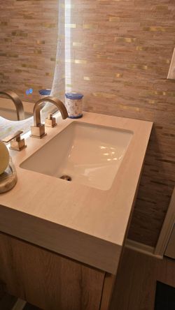 Single Sink Console, 3-Hole Sink, Travertine Sintered Stone Countertop, Light Wood Grain Finish