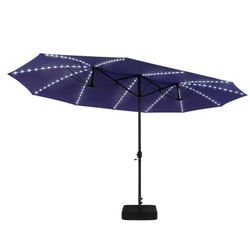 New 15ft Outdoor Patio Market Umbrella with Base and 144 Solar-Powered Led Lights - NavyBlue