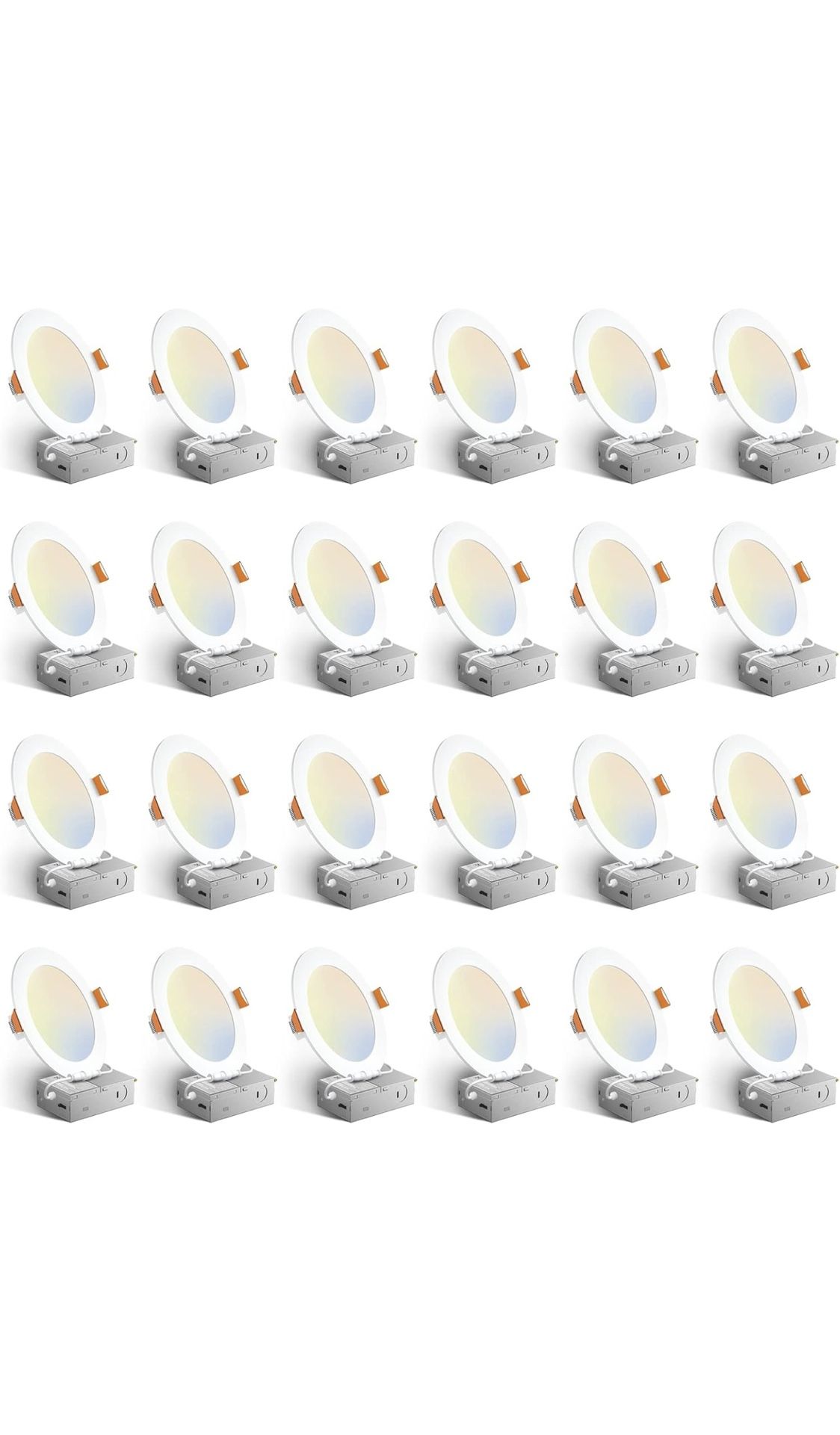 Amico 24 Pack 6 Inch 5CCT Ultra-Thin LED Recessed Ceiling Light with Junction Box, 1050LM Brightness, Dimmable Canless Wafer Downlight, 12W, ETL&FCC