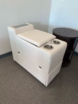 White Upholstered Ottoman with Cup Holders