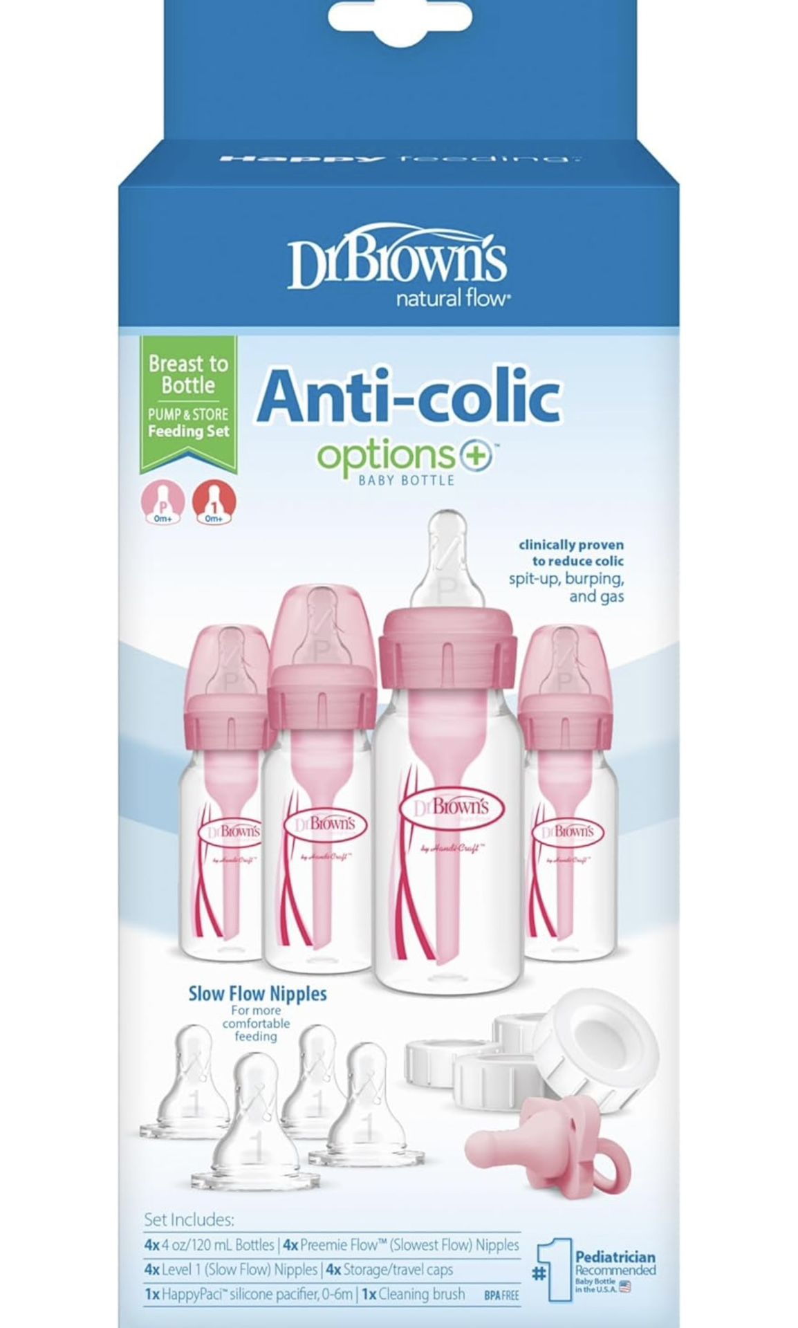 New Dr. Brown's Anti-Colic Baby Feeding Set with Slow Flow Nipples, Travel Caps, Silicone Pacifier