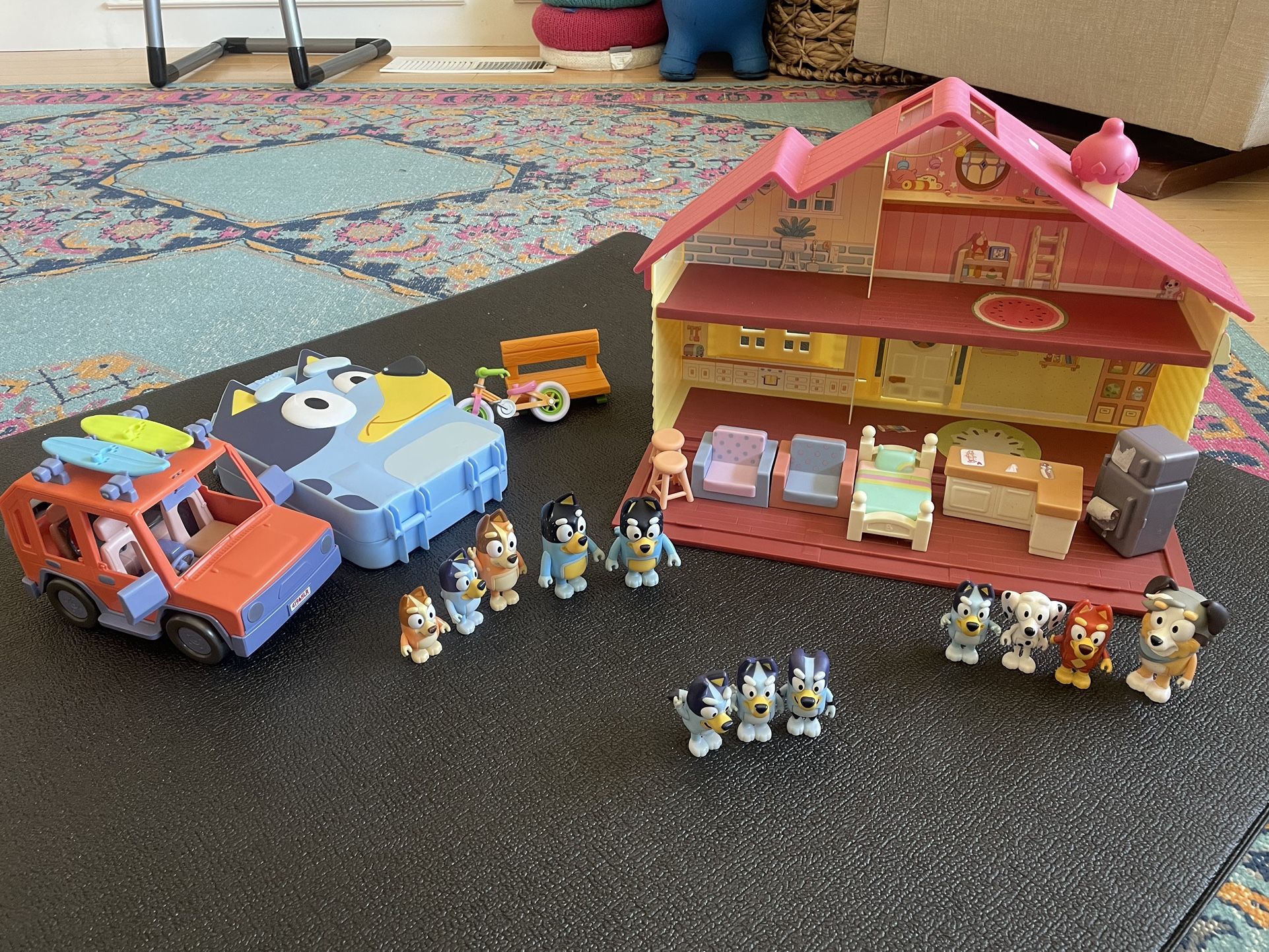 Lots Of Bluey Toys House Jeep Bike Family School Friends Carrying Case