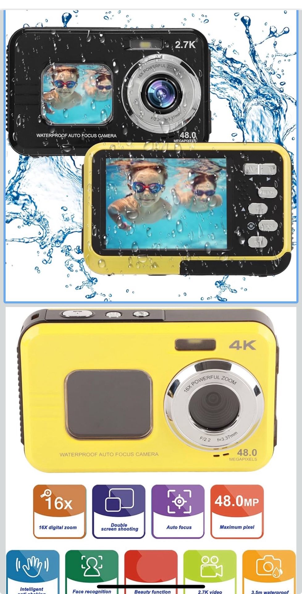 🔥Brand new🔥 Waterproof Camera 11.5ft Underwater - 48MP Video Output 16X Digital Zoom Digital Camera, Anti Shake Waterproof Vlog Camera with 1.7in +
