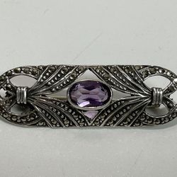 Vintage 925 Sterling Silver with Marcasite & Amethyst Pin Brooch ~ Oval ~ 5.6gr