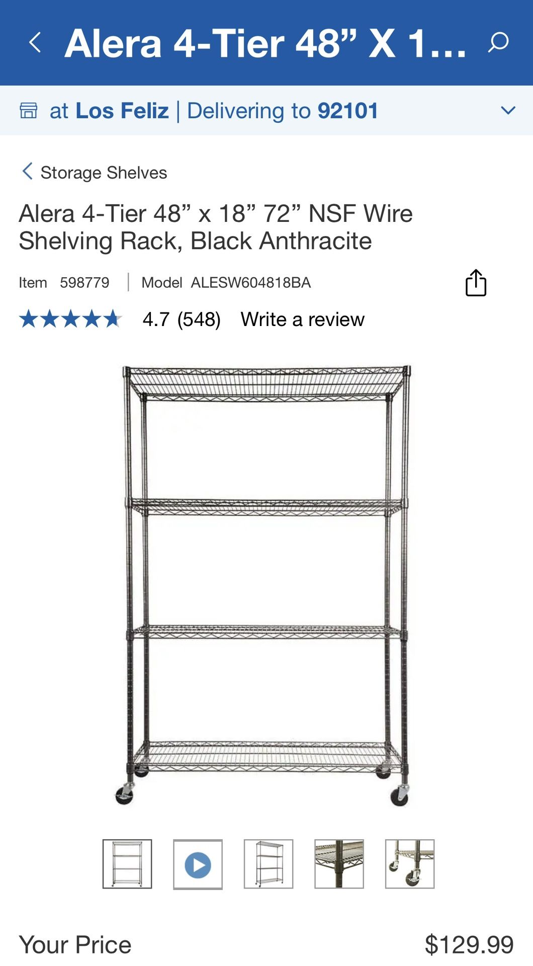  Alera 4-Tier 48” x 18” 72” NSF Wire Shelving Rack, Black $143 NEW Costco