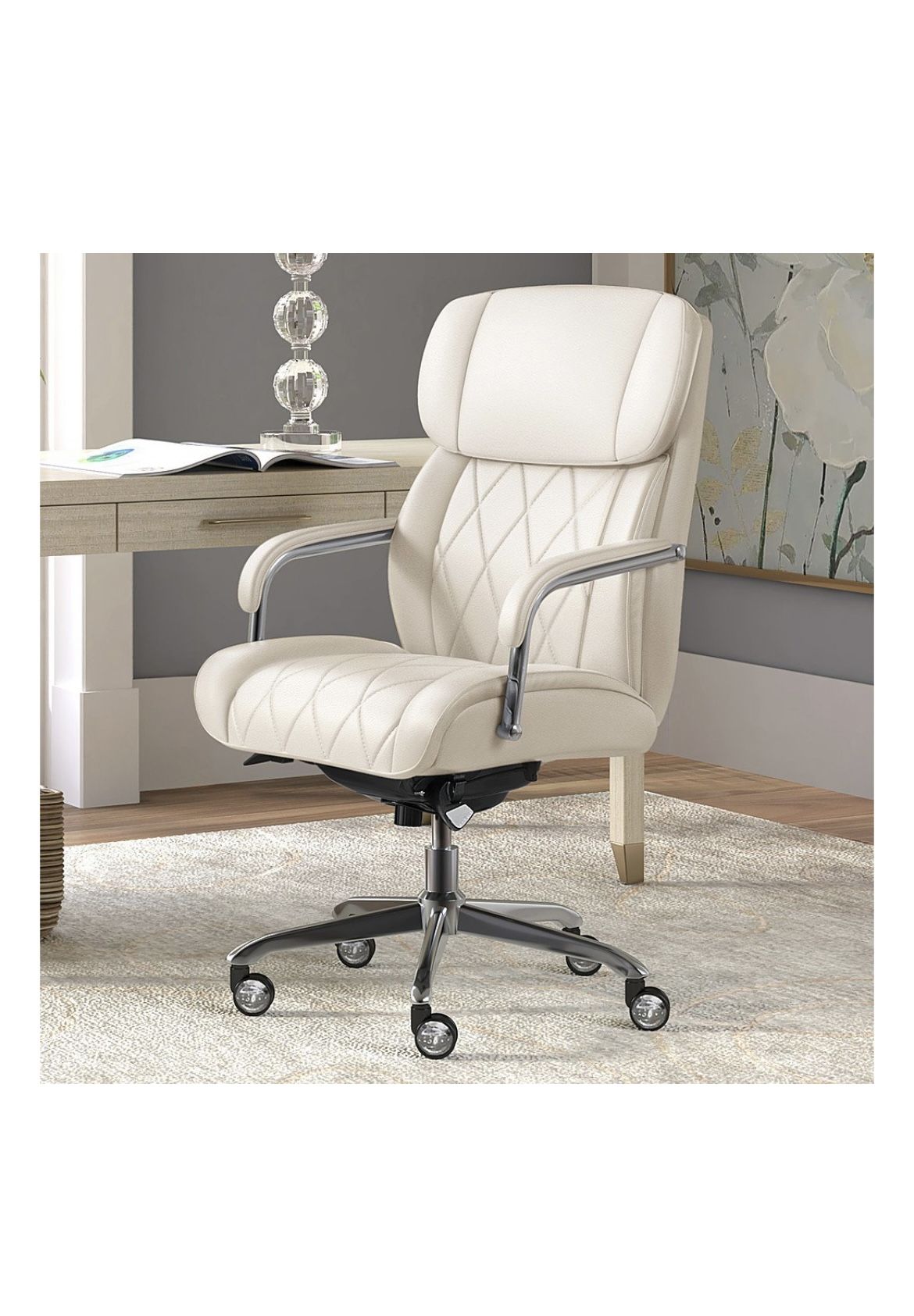 La-Z-Boy - Comfort and Beauty Sutherland Diamond-Quilted Bonded Leather Office Chair - Light Ivory