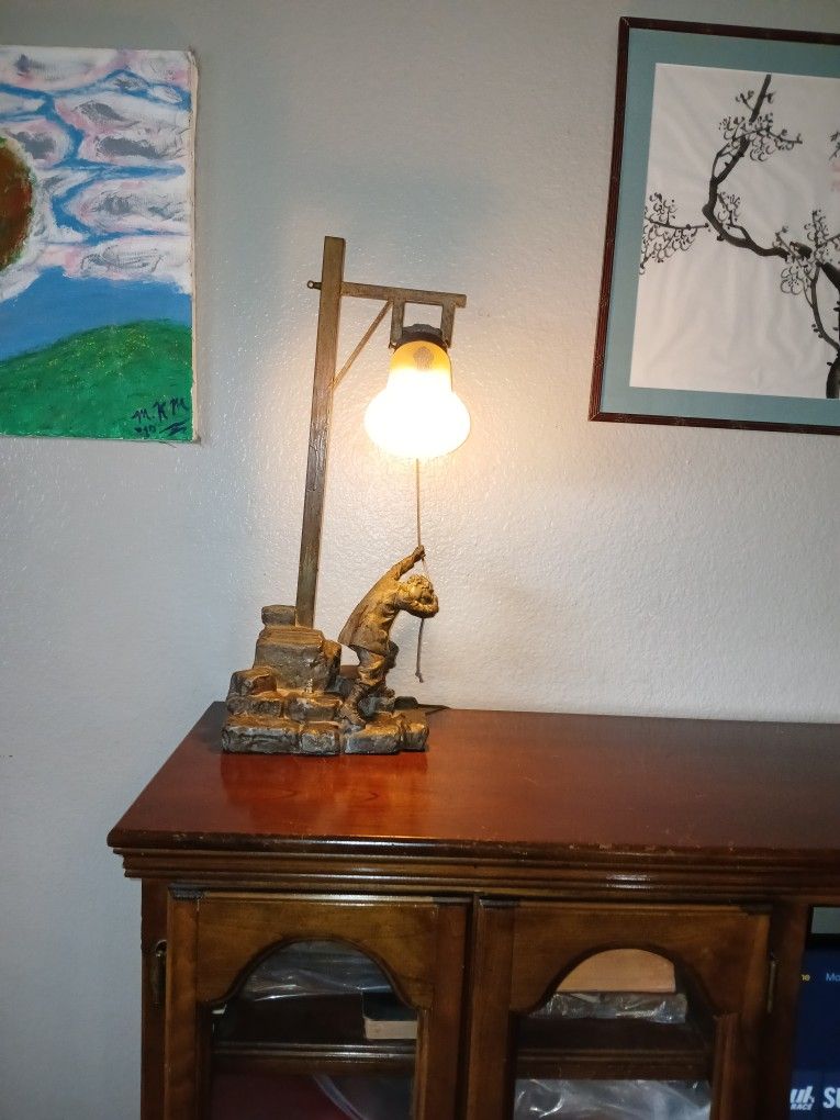 Bronze Sculpture Young Man Ringing Town Bell Table Lamp