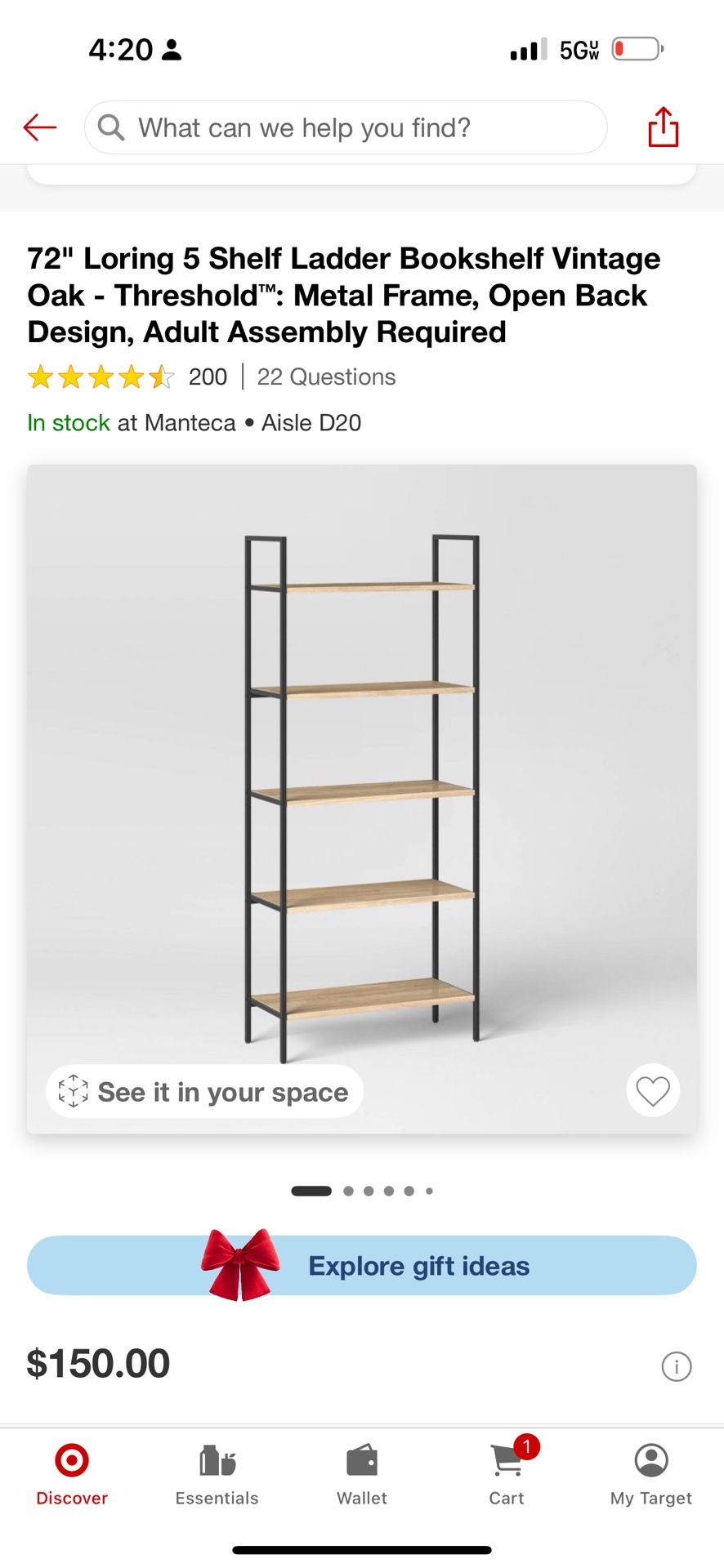 72" Loring 5 Shelf Ladder Bookshelf Vintage Oak - Threshold™: Metal Frame, Open Back Design, Adult Assembly Required