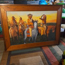 Large Framed Native American Warriors on Horseback Painting