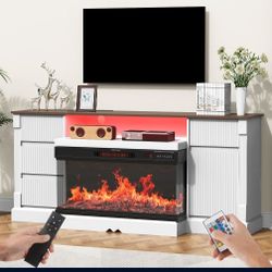 Modern 3-Sided Glass TV Stand with Electric Fireplace for TVs up to 80, Entertainment Center with LED Lights, Storage Cabinet & Drawers for Living Roo