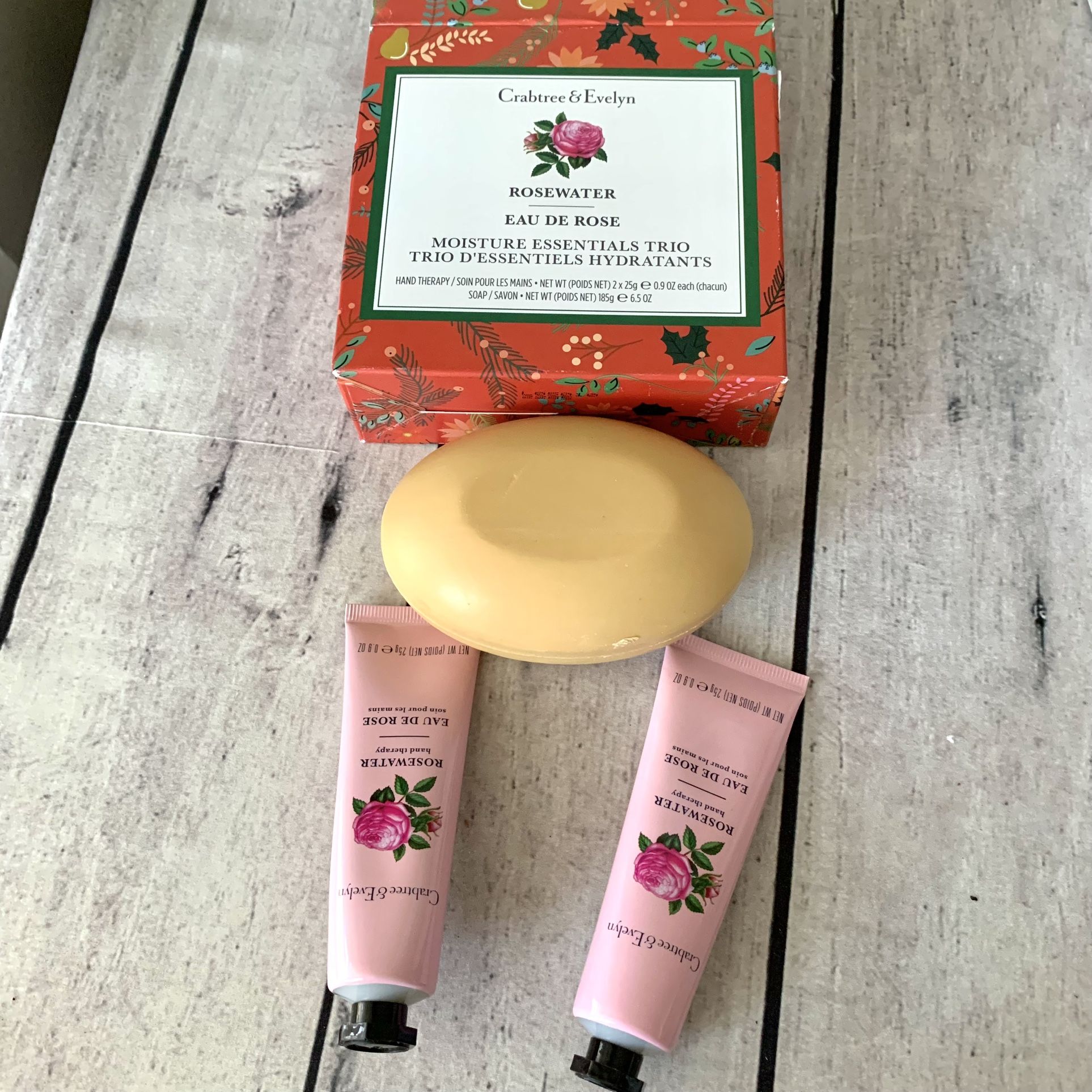 CRABTREE & EVELYN Rosewater 3 pcs - Soap 6.5 oz + 2 Hand Cream (0.9 oz each)