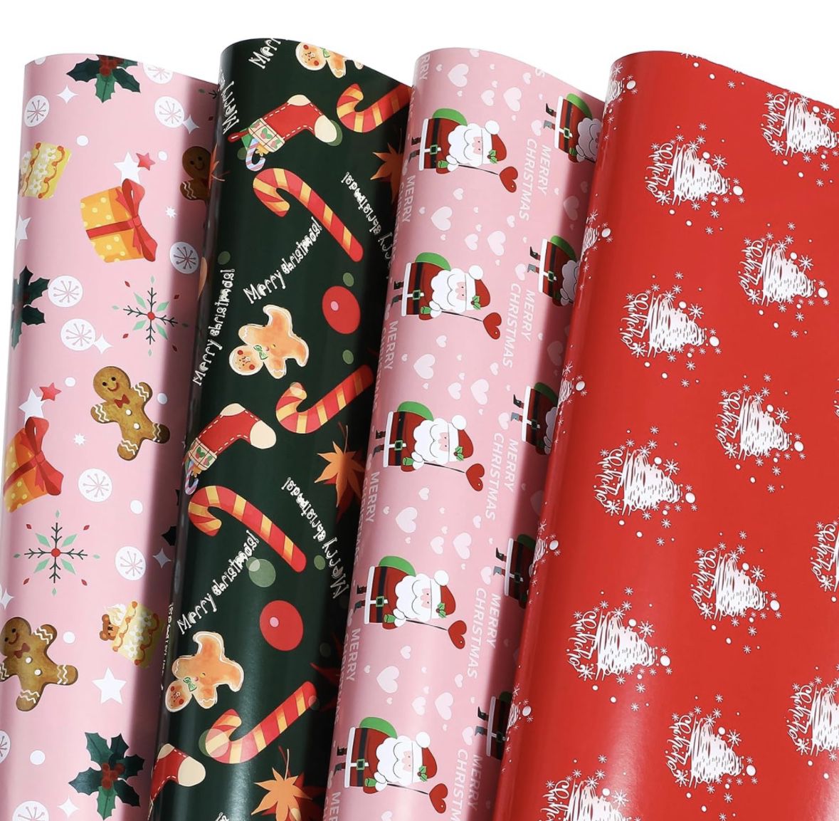 Christmas Wrapping Paper Pink Red Green With Cute Santa Claus, Christmas Tree Candy Cookies