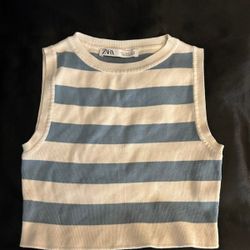 White And Blue Striped Zara Tank Top