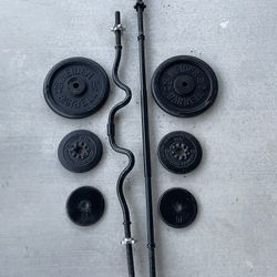 Weights 80Lbs, Straight Bar, and Curl Bar