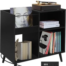 Black Record Player Stand with Charging Station and USB Ports