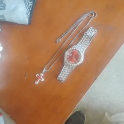 Silver Blinged Out Watch And Silver Chain W/Red Blinged Cross