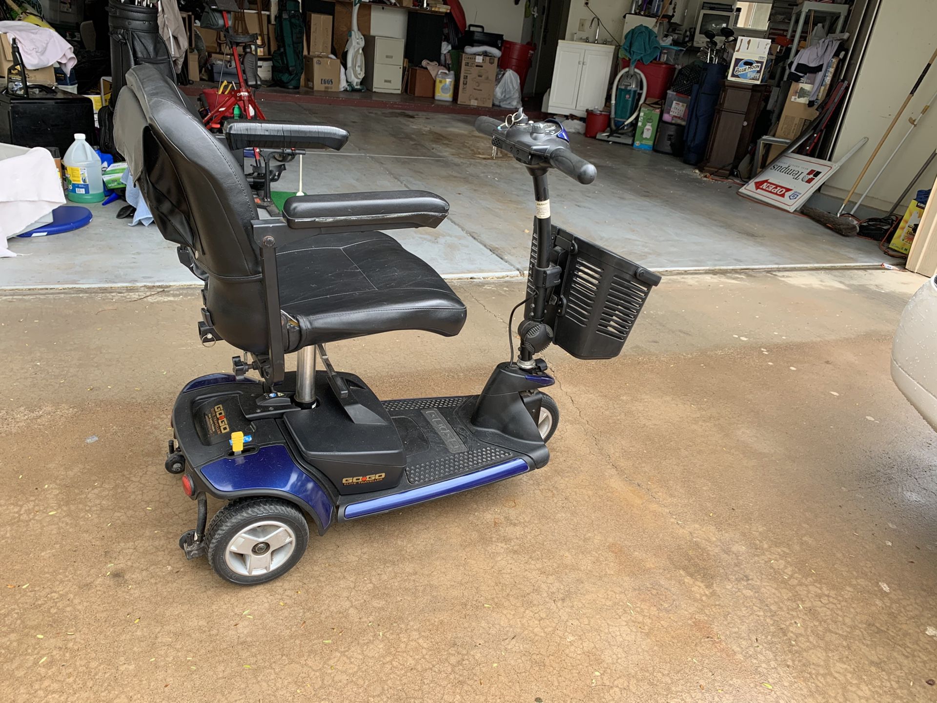 Go-Go elite mobility scooter. Breaks down into 3pieces for transport. It can be blue red or gray. I have all the parts to change the color plus 2 s