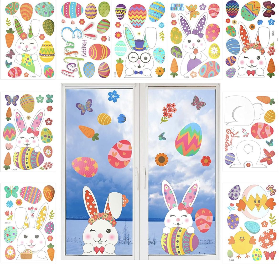 SUNKIM 110Pcs Easter Bunny Window Cling Decorations Easter Hunt Games Decals Rabbit Egg Carrot Flower Chicken Butterfly Pattern Home Party Ornaments