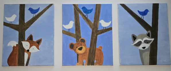Handmade Nursery Art Prints  Forest Animals Fox Bear Raccoon Blue