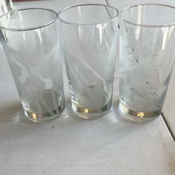Vintage Frosted Hawaiian Floral Garden Glasses Set Of Three