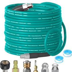 Pressure Washer Sewer Jetter Kit - 100Ft X1/4" Hydro Drain Jetter Cleaner Hose, Corner, Rotating and Button Nose Sewer Jetting Nozzle Waterproof Tape
