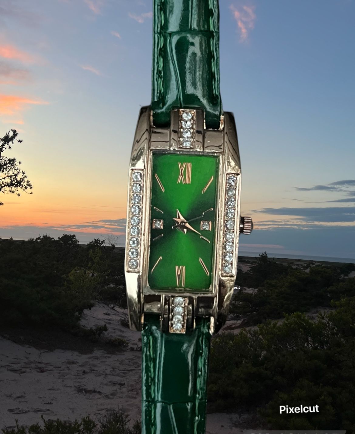 Green Gold Diamond Band Watch Face Leather