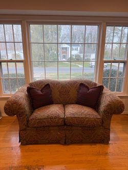 Pair of Kravet damask upholstery sofa and loveseat