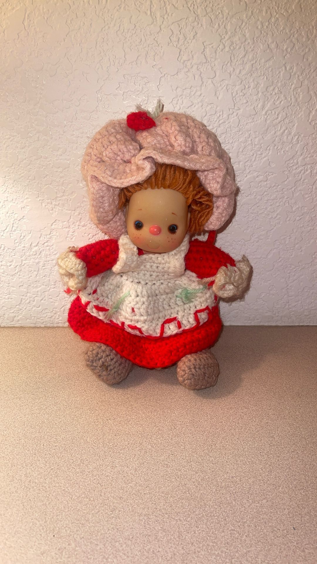 Vintage 1980s Crochet Strawberry Shortcake Ice Cream Doll 10”