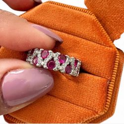 Sterling silver faux ruby and diamond ring  Size 6
