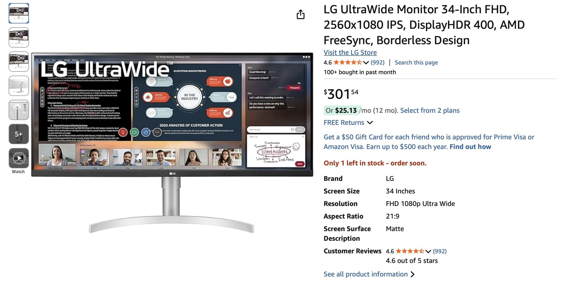 LG UltraWide Monitor 34 in FHD, 2560x1080 IPS, Display HDR, AMD FreeSync, Borderless Design - $175.00